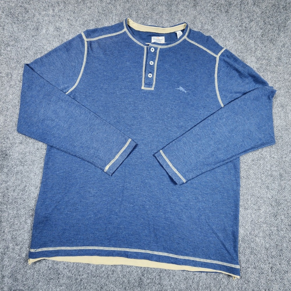 Tommy Bahama Jeans Mens Blue Waffle Knit Henley Shirt Long Sleeve Pima Cotton L